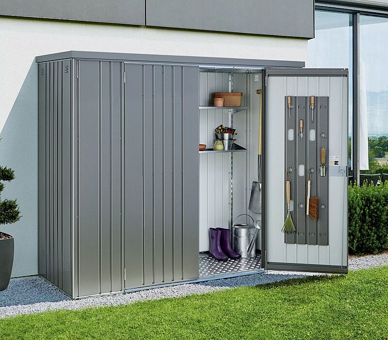 Geräteschrank NEUFELDEN, Modell 230, in quarzgrau-metallic, mit Aluminium-Bodenrahmen und -Bodenplatte