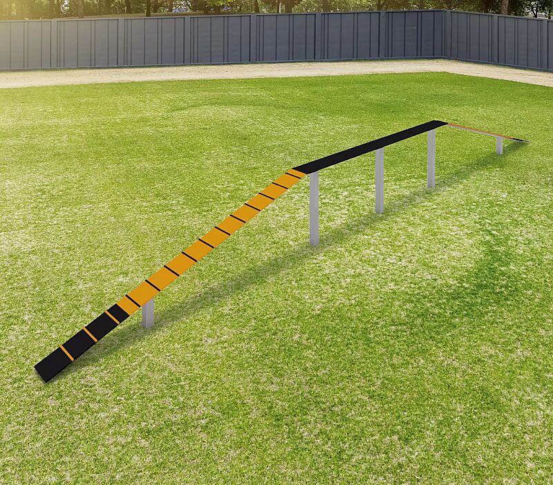 Hundelaufsteg SATU, Balancierbrett in daliengelb ähnlich RAL 1033 und RAL 9005 tiefschwarz