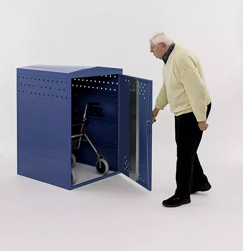 kinderwagenbox-rollator---rollstuhlgarage-lexington-new__shoKAT0064156 Rollatorgarage LEXINGTON NEW, Grundeinheit mit Giebeldach, Türanschlag DIN rechts, Stahlkonstruktion in RAL 5000 violettblau