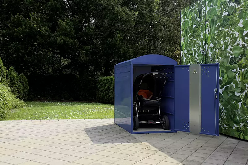 kinderwagenbox-rollator---rollstuhlgarage-lexington-new__shoKAT0064159 Kinderwagenbox LEXINGTON NEW, Grundeinheit mit Bogendach, Türanschlag DIN rechts, Rahmen, Stahlkonstruktion in RAL 5000 violettblau