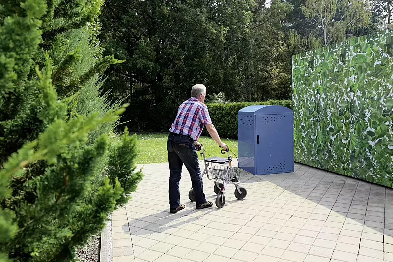 kinderwagenbox-rollator---rollstuhlgarage-lexington-new__shoKAT0064163 Rollatorgarage LEXINGTON NEW, Grundeinheit mit Bogendach, Türanschlag DIN rechts, Stahlkonstruktion in RAL 5000 violettblau