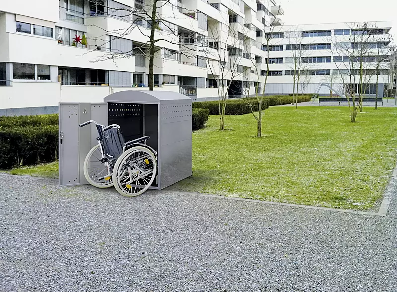 kinderwagenbox-rollator---rollstuhlgarage-lexington-new__shoKAT0064167 Rollstuhlgarage LEXINGTON NEW, Grundeinheit mit Bogendach, Türanschlag DIN links (auftragsbezogene Anpassung), Stahlkonstruktion in RAL 7040 fenstergrau
