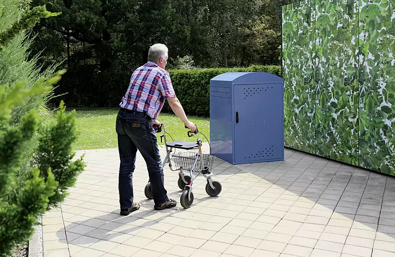 kinderwagenbox-rollator---rollstuhlgarage-lexington-new__shoKAT0064186 Rollatorgarage LEXINGTON NEW, Grundeinheit mit Bogendach, Türanschlag DIN rechts, Stahlkonstruktion in RAL 5000 violettblau