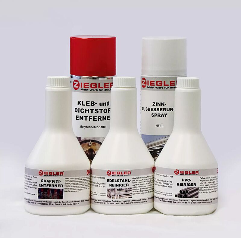Graffitientferner, Edelstahlreiniger, PVC-Reiniger, Dicht- und Klebstoffentferner sowie Zinkausbesserungsspray hell