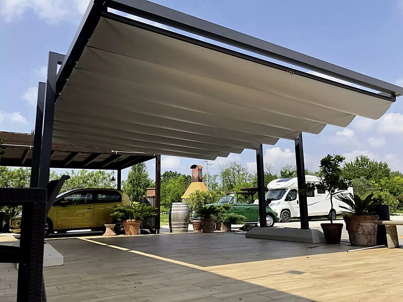 Markisen-Freigestell TERAMO, Dachbreite x Dachtiefe 3000 mm x 5000 mm, PVC-Tuch weiß, Aluminiumkonstruktion grau gesprenkelt