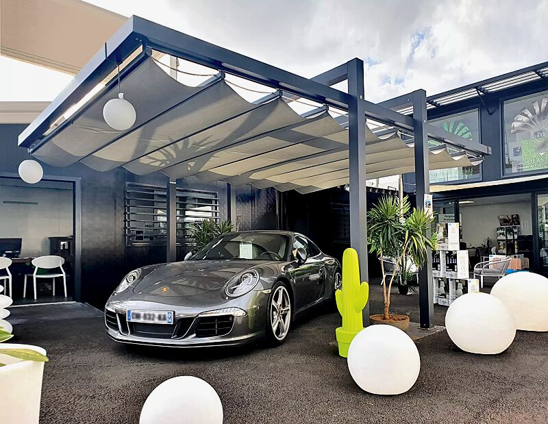 Markisen-Freigestell TERAMO, Dachbreite x Dachtiefe 4000 mm x 6000 mm, PVC-Tuch weiß, Aluminiumkonstruktion grau gesprenkelt