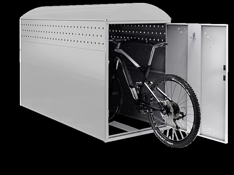 Fahrradgarage LEXINGTON NEW, Grundeinheit mit Bogendach, mit Profilhalbzylinderschloss, Türanschlag DIN rechts, Stahlkonstruktion in RAL 7040 fenstergrau