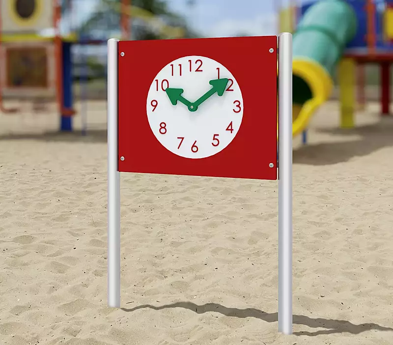 Motoriktafel VICCO, HDPE-Kunststoffpaneele in verkehrsrot ähnlich RAL 3020, Uhrzeiger in türkisgrün ähnlich RAL 6016