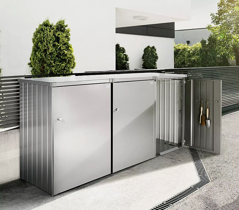 Müllbehälter-Dreifachschrank ALEX®, bestehend aus 3 Einzelschränken inkl. 2 Verbindungselementen, in silber-metallic