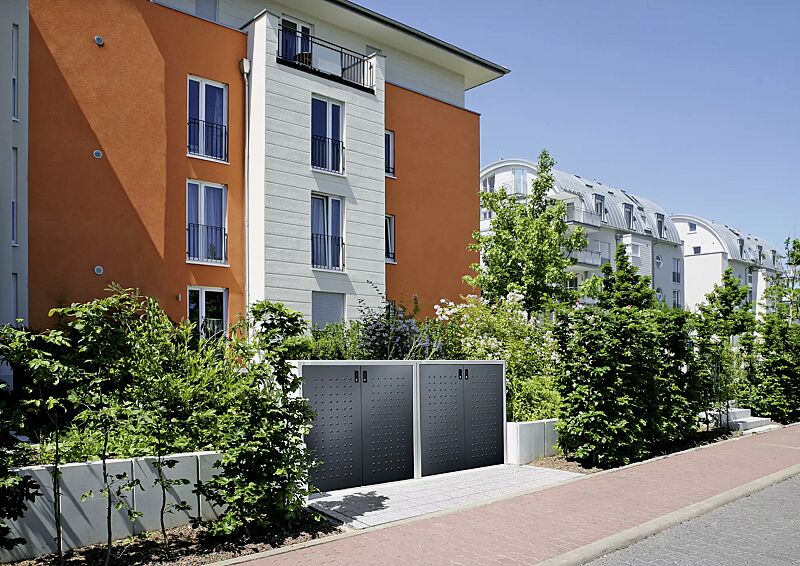 muellbehaelterschrank-darwen__shoKAT0030086 Müllbehälter-Doppelschränke DARWEN, für Tonnengröße 80 bis 240 Liter, Korpus Sichtbeton glatt, Türen in anthrazitgrau ähnlich RAL 7016, Rahmen in seidengrau ähnlich RAL 7044 (auf Anfrage gegen Mehrpreis)