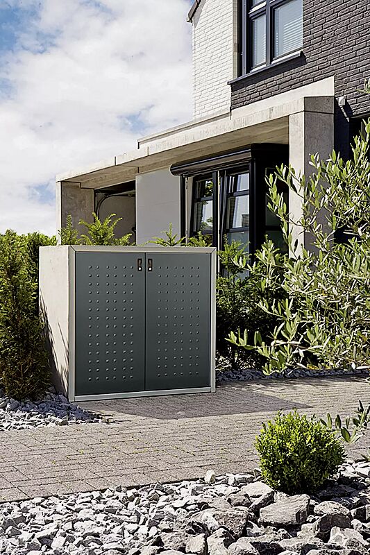 muellbehaelterschrank-darwen__shoKAT0030089 Müllbehälter-Doppelschrank DARWEN, für Tonnengröße 80 bis 120 Liter, Korpus Sichtbeton, Türen in anthrazitgrau ähnlich RAL 7016, Rahmen in seidengrau ähnlich RAL 7044 (auf Anfrage gegen Mehrpreis)