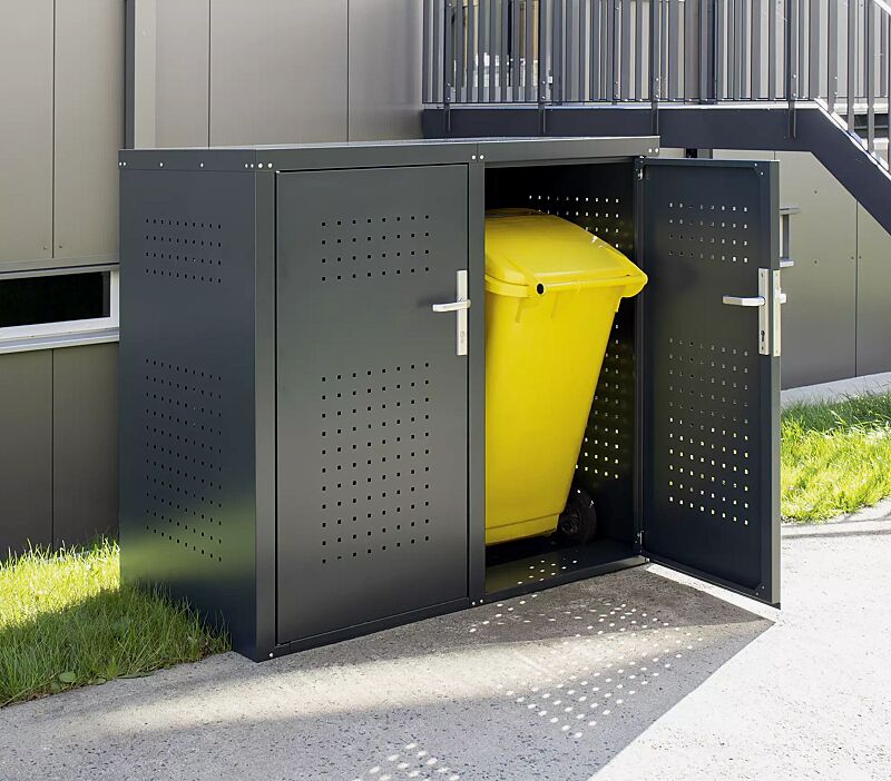 Müllbehälter-Doppelschrank FLEET, Türdrücker außen und innen, Stahlkonstruktion in RAL 7016 anthrazitgrau