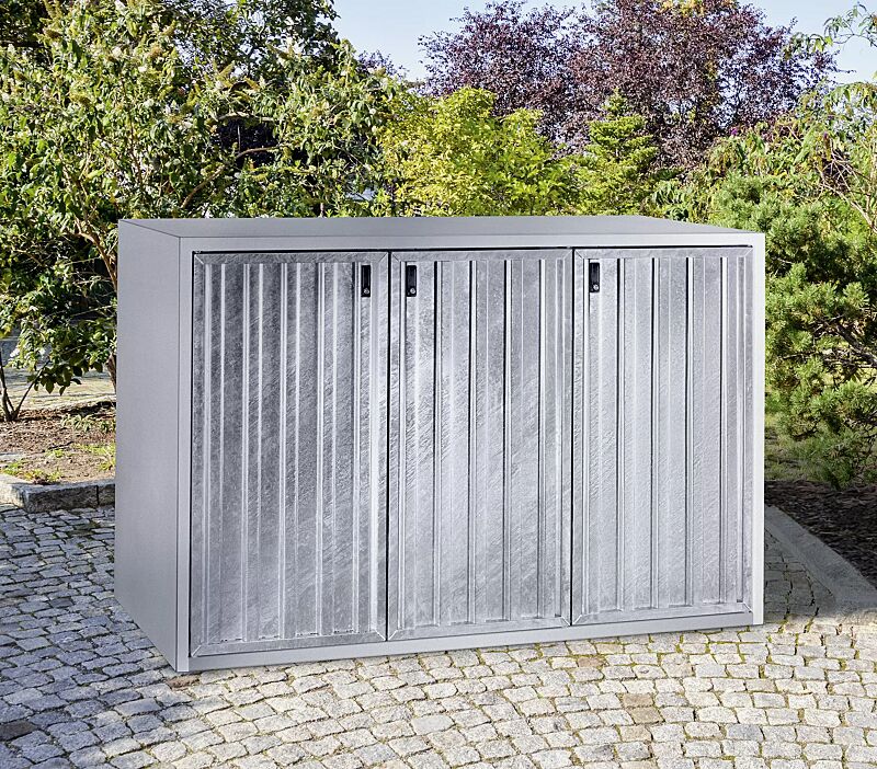 Müllbehälterschrank KENORA, Dreifachschrank, Korpus Sichtbeton glatt, Türblatt feuerverzinkt in Trapezprofil