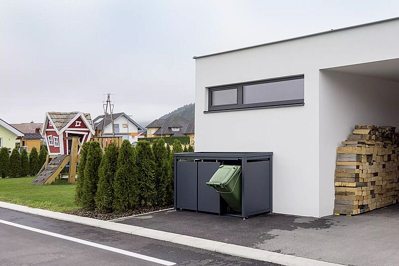 muellbehaelterschrank-styleout-blank__shoKAT0057009 Müllbehälter-Dreifachschrank STYLEOUT® BLANK mit Pflanzdach, Aluminiumkonstruktion in RAL 7016 anthrazitgrau