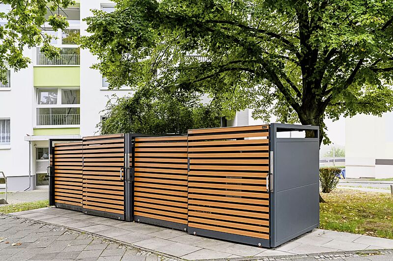 muellbehaelterschrank-styleout-linis-1100__shoKAT0069840 Müllbehälter-Doppelschrank STYLEOUT® LINIS 1100, 2 Stück, Tür-Lamellen in Holzdekor Douglasie, Dach in Aluminium eloxiert, Aluminiumkonstruktion in RAL 7016 anthrazitgrau