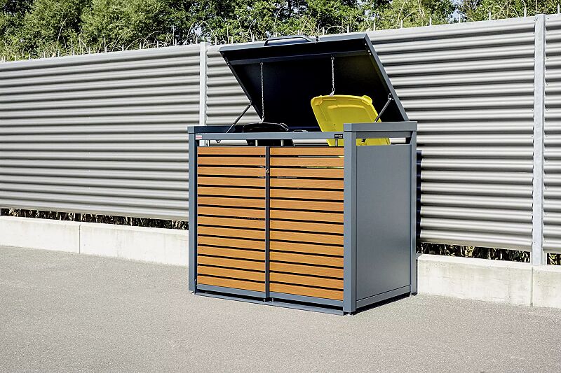 muellbehaelterschrank-styleout-linis__shoKAT0069665 Müllbehälter-Doppelschrank STYLEOUT® LINIS mit Klappdach, Aluminiumkonstruktion in RAL 7016 anthrazitgrau, Schiebetüren in Holzdekor Douglasie