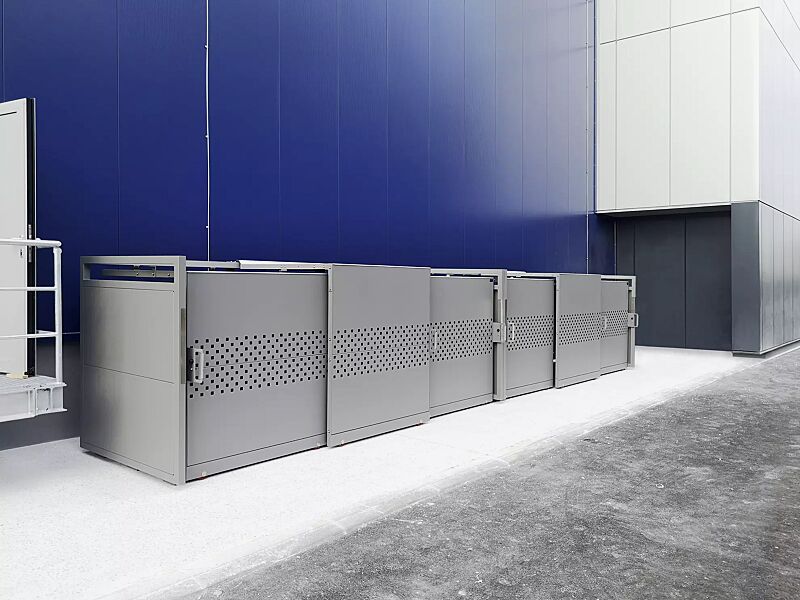 muellbehaelterschrank-styleout-qubis-1100__shoKAT0066561 Müllbehälter-Doppel- und Dreifachschrank STYLEOUT® QUBIS 1100, Schiebetüren mit Quadratlochung, Aluminiumkonstruktion in RAL 9007 graualuminium