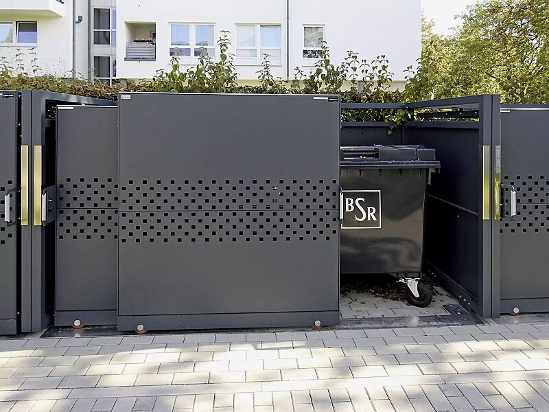muellbehaelterschrank-styleout-qubis-1100__shoKAT0067915 Müllbehälter-Doppelschrank STYLEOUT® QUBIS 1100 für 4-Rad-Abfallgroßbehälter, Schiebetüren mit Quadratlochung, Aluminiumkonstruktion in RAL 7016 anthrazitgrau