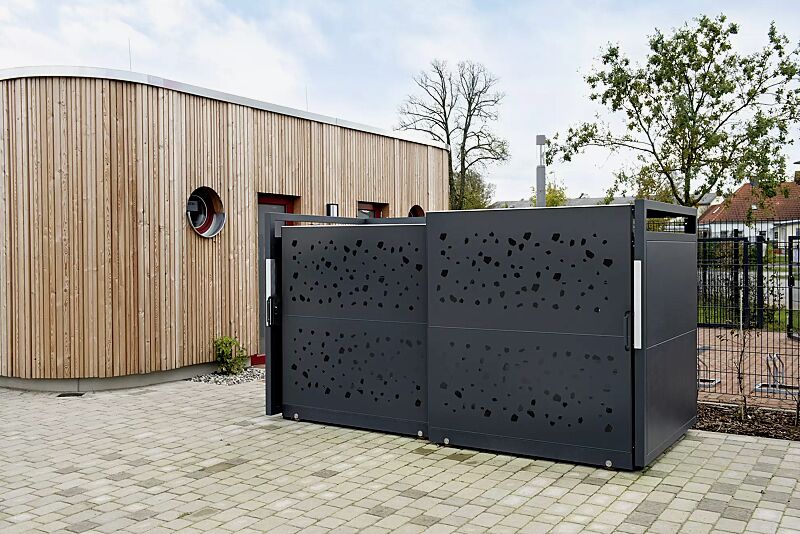 muellbehaelterschrank-styleout-tomo-1100__shoKAT0066565 Müllbehälter-Doppelschrank STYLEOUT® TOMO 1100, Schiebetüren mit Designlochung, Aluminiumkonstruktion in RAL 7016 anthrazitgrau
