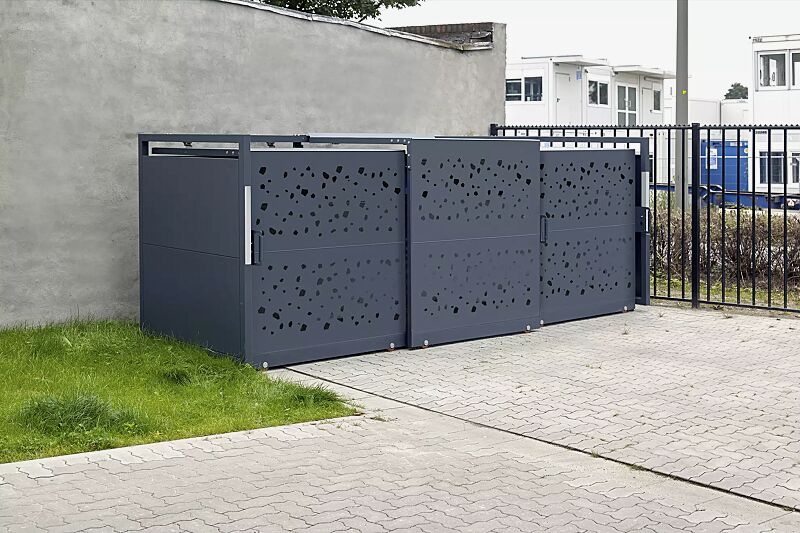 muellbehaelterschrank-styleout-tomo-1100__shoKAT0066566 Müllbehälter-Dreifachschrank STYLEOUT® TOMO 1100, Schiebetüren mit Designlochung, Aluminiumkonstruktion in RAL 7016 anthrazitgrau