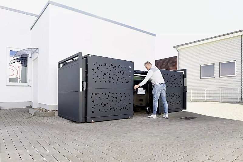 muellbehaelterschrank-styleout-tomo-1100__shoKAT0069793 Müllbehälter-Dreifachschrank STYLEOUT® TOMO 1100 für 4-Rad-Abfallgroßbehälter, Schiebetüren mit Designlochung, Aluminiumkonstruktion in RAL 7016 anthrazitgrau
