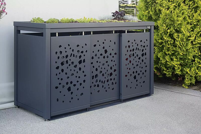 muellbehaelterschrank-styleout-tomo__shoKAT0052512 Müllbehälter-Dreifachschrank STYLEOUT® TOMO mit Pflanzdach, Dachbegrünung (bauseits), Aluminiumkonstruktion in RAL 7016 anthrazitgrau