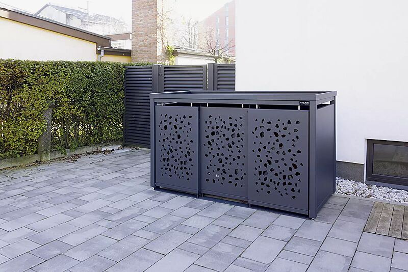 muellbehaelterschrank-styleout-tomo__shoKAT0057145 Müllbehälter-Dreifachschrank STYLEOUT® TOMO mit Pflanzdach, Aluminiumkonstruktion in RAL 7016 anthrazitgrau