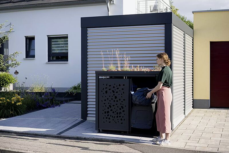 muellbehaelterschrank-styleout-tomo__shoKAT0057673 Müllbehälter-Doppelschrank STYLEOUT® TOMO mit Pflanzdach, Aluminiumkonstruktion in RAL 7016 anthrazitgrau