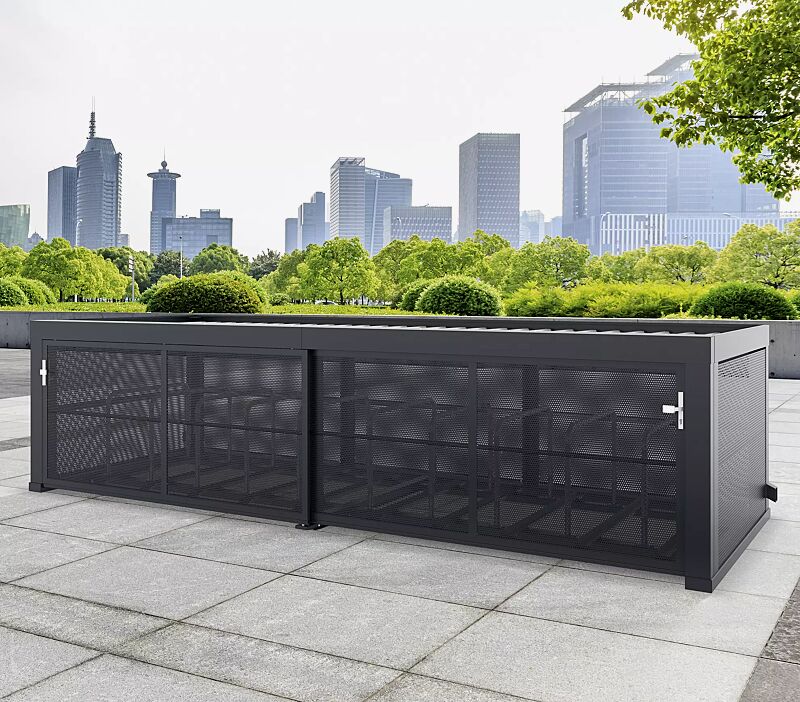 Fahrradgarage MULTIPORT® Rad S, Dachbreite x Dachtiefe 5970 mm x 2253 mm, Rück- / Seitenwände Lochblech, mit Reihenanlage (pro Einheit 10 Stellplätze) mit Anlehnbügeln inkl. Einfahrschiene (Mehrpreis), Stahlkonstruktion in RAL 7016 anthrazitgrau