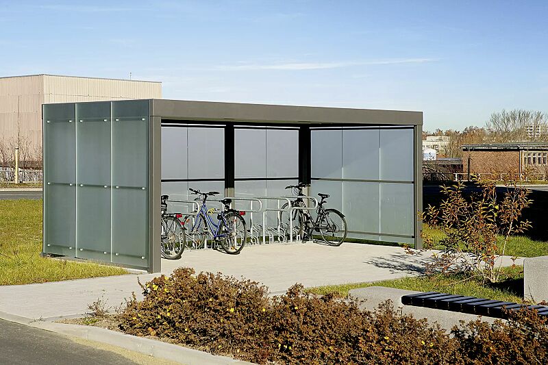 multiport-rad__shoKAT0024647 MULTIPORT® Rad Dachbreite x Dachtiefe 5970 mm x 3060 mm, für 16 Fahrräder, Seiten- und Rückwände ESG satiniert, vorgehangen, Stahlkonstruktion in DB 703 eisenglimmer