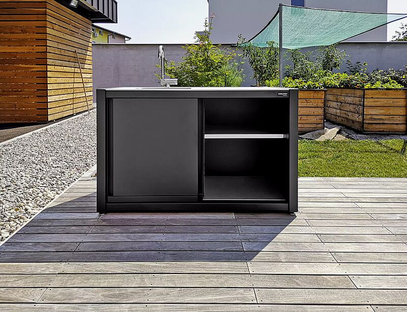 Sommerküche COOKOUT® BLANK, Breite 1350 mm, Stahlkonstruktion und Schiebetüren in RAL 7016 anthrazitgrau