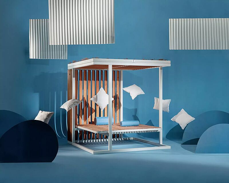 pavillon-cuby-dream__shoKAT0072863 Pavillon CUBY DREAM zum Aufdübeln bei +/- 0 mm, Dachbreite x Dachtiefe 2200 mm x 2200 mm, Dacheindeckung vorbereitet für Dachbegrünung, Wandfüllung mit Holzjalousie, Liegefläche aus Holz, Stahlkonstruktion in RAL 9010 reinweiß