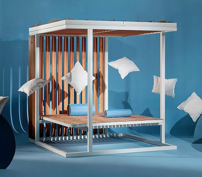 pavillon-cuby-dream__shoKAT0072906 Pavillon CUBY DREAM, Dachbreite x Dachtiefe 2200 mm x 2200 mm, Dacheindeckung und Wandfüllung mit Holzjalousie, Liegefläche aus Holz, Stahlkonstruktion in RAL 9010 reinweiß
