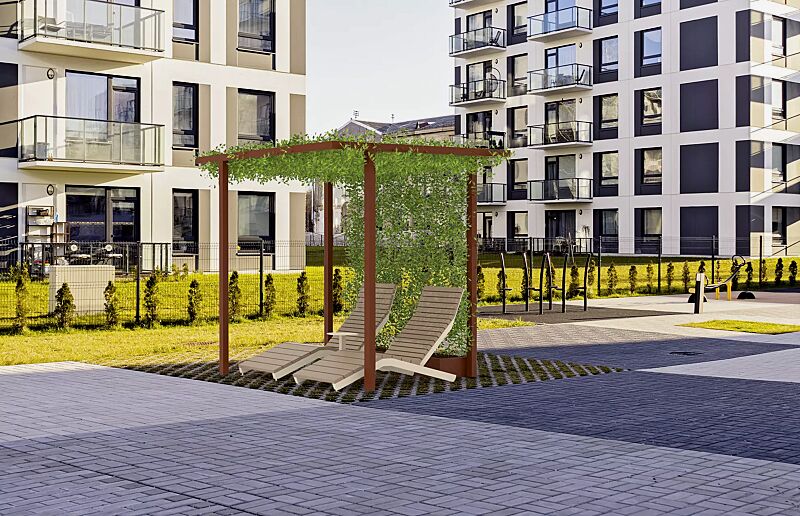 pavillon-cuby-rest__shoKAT0073542 Pavillon CUBY REST zum Aufdübeln bei -200 mm, Dachbreite x Dachtiefe 2200 mm x 2200 mm, Dach mit Rankseile, Wandelemente mit Rankehilfe und Pflanzbehälter, Stahlkonstruktion in RAL 8024 beigebraun bzw. RAL 1013 perlweiß, Liegebänke mit Robinienholzbela...