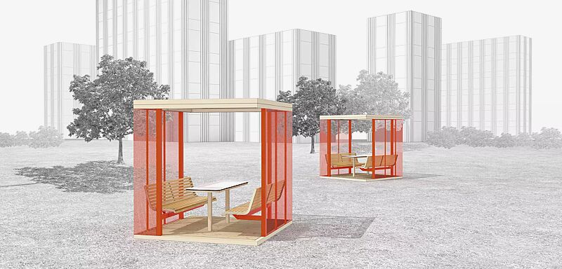 pavillon-cuby-snack__shoKAT0068306 Pavillon CUBY SNACK zum Aufdübeln bei +/- 0 mm, Dachbreite x Dachtiefe 2200 mm x 2200 mm, Wandelemente aus Streckmetallgitter, Stahlkonstruktion in RAL 2004 reinorange und RAL 1013 perlweiß, Sitzbänke mit Robinienholzbelattung sowie Tisch mit HPL-Aufla...