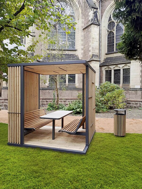 Pavillon CUBY SNACK zum Aufdübeln bei +/- 0 mm, Dachbreite x Dachtiefe 2200 mm x 2200 mm, Dach- / Wandelemente aus Lärchenholz, Stahlkonstruktion in DB 703 eisenglimmer, Sitzbänke mit Robinienholzbelattung sowie Tisch mit HPL-Auflage in White 0085 gege...