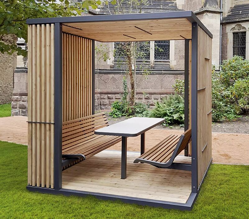 pavillon-cuby-snack__shoKAT0071563 Pavillon CUBY SNACK zum Aufdübeln bei +/- 0 mm, Dachbreite x Dachtiefe 2200 mm x 2200 mm, Dach- / Wandelemente aus Lärchenholz, Stahlkonstruktion in DB 703 eisenglimmer, Sitzbänke mit Robinienholzbelattung sowie Tisch mit HPL-Auflage in White 0085 gege...