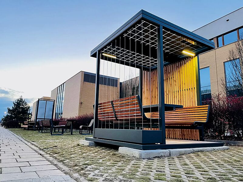 pavillon-cuby-snack__shoKAT0072860 Pavillon CUBY SNACK zum Aufdübeln bei +/- 0 mm, Dachbreite x Dachtiefe 2200 mm x 2200 mm, Dacheindeckung aus Solarpanel, Wandelemente aus Holzlamellen bzw. mit Stahlseilen als Rankhilfe inkl. Pflanzbehälter (auftragsbezogene Anpassung), Stahlkonstrukti...