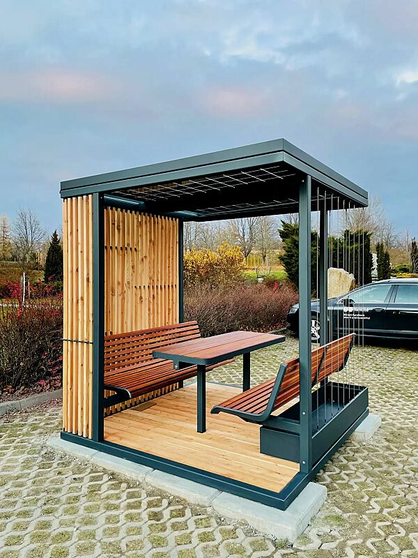 pavillon-cuby-snack__shoKAT0072861 Pavillon CUBY SNACK zum Aufdübeln bei +/- 0 mm, Dachbreite x Dachtiefe 2200 mm x 2200 mm, Dacheindeckung aus Solarpanel, Wandelemente aus Holzlamellen bzw. mit Stahlseilen als Rankhilfe inkl. Pflanzbehälter (auftragsbezogene Anpassung), Stahlkonstrukti...