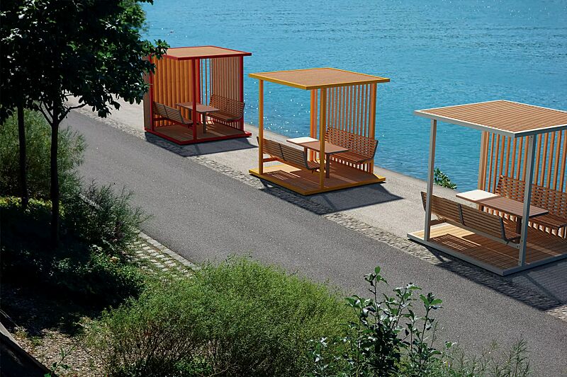 pavillon-cuby-snack__shoKAT0072862 Pavillon CUBY SNACK zum Aufdübeln bei +/- 0 mm, Dachbreite x Dachtiefe 2200 mm x 2200 mm, Dacheindeckung und Wandelemente aus Holzlamellen, Stahlkonstruktion in RAL 3020 verkehrsrot, RAL 1021 rapsgelb und RAL 7035 lichtgrau, Sitzbänke mit Robinienholzb...