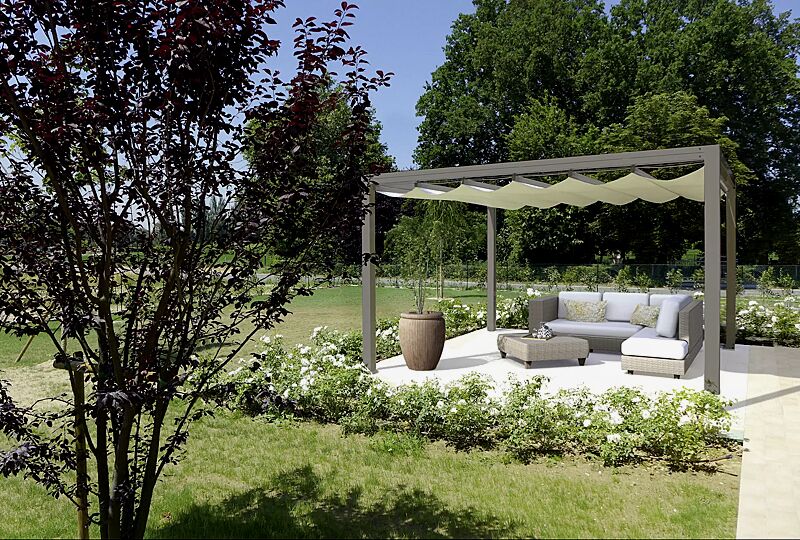pergola-pesaro__shoKAT0054846 Pergola PESARO als Lounge-Ecke, Dachbreite x Dachtiefe 3000 x 4000 mm, Dacheindeckung mit lichtundurchlässigem PVC-Tuch, Aluminium-Konstruktion in taubengrau pulverbeschichtet