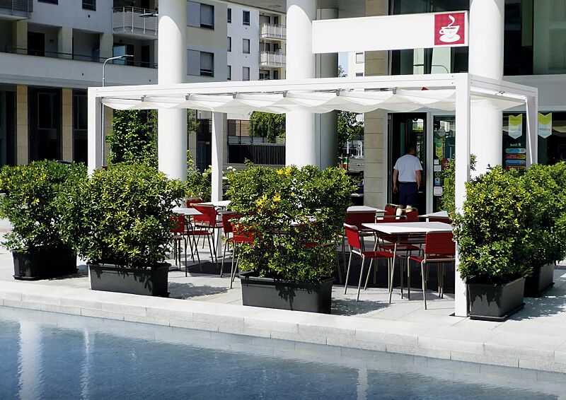 pergola-pesaro__shoKAT0055360 Pergola PESARO für den Gastro-Bereich, Dachbreite x Dachtiefe 5000 x 3000 mm, Dacheindeckung mit lichtundurchlässigem PVC-Tuch, Aluminium-Konstruktion in weiß pulverbeschichtet