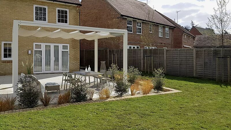 pergola-pesaro__shoKAT0075423 Pergola PESARO, Dachbreite x Dachtiefe 3000 mm x 4000 mm, lichtundurchlässigem PVC-Tuch champagner, Aluminiumkonstruktion in weiß