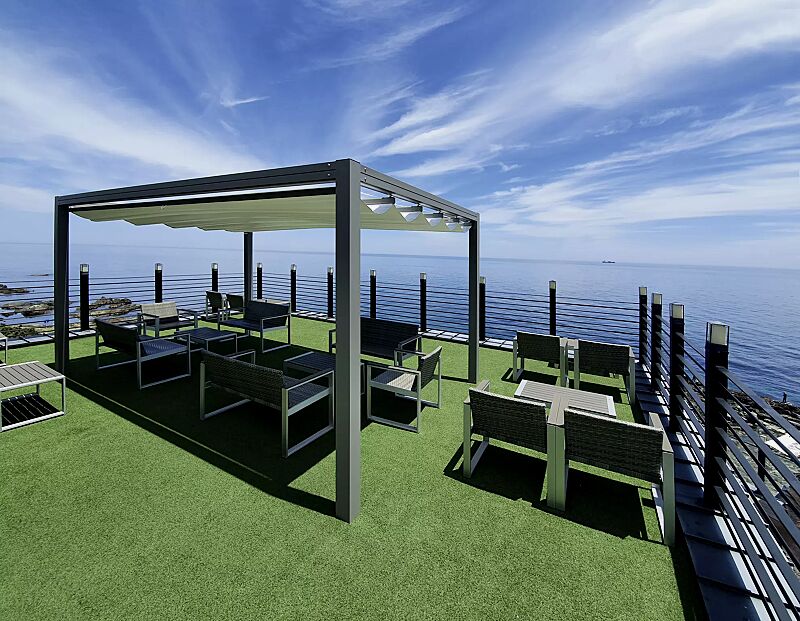 pergola-pesaro__shoKAT0075426 Pergola PESARO, Dachbreite x Dachtiefe 4000 mm x 5000 mm, lichtundurchlässigem PVC-Tuch weiß, Aluminiumkonstruktion in DB 703 eisenglimmer