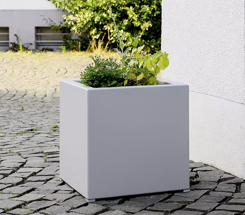 Pflanzbehälter MALOUT NEW, quadratisch, 35 Liter, Höhe 400 mm, Stahlteile in RAL 9006 weißaluminium
