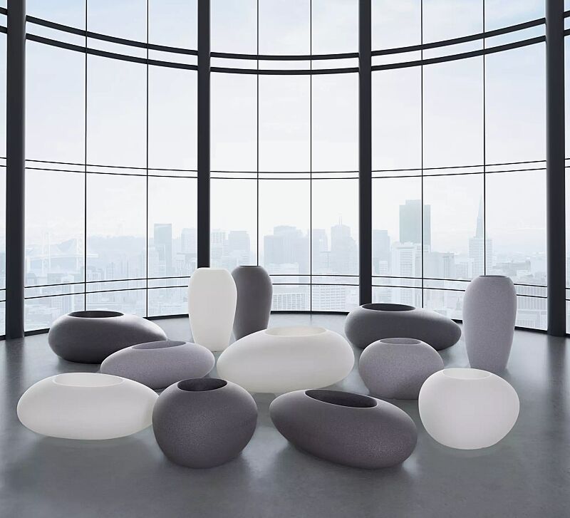 Pflanzbehälter MALUR, in granit hell und dunkel sowie Pflanzbehälter MALUR-LIGHT, transluzent beleuchtet