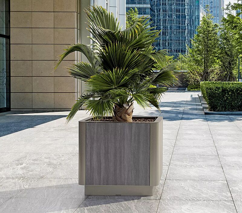 Pflanzbehälter PAOSA, Stahlteile in DB 701 eisenglimmer, Korpus aus grauem Zedernholz