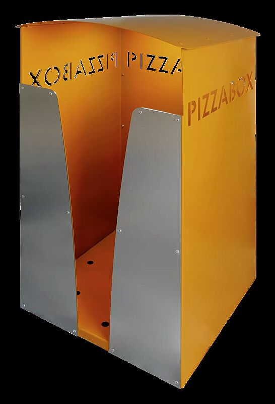 Pizzabox-Abfallbehälter SEATON, Dekorblende Edelstahl, Stahlteile in RAL 2000 gelborange