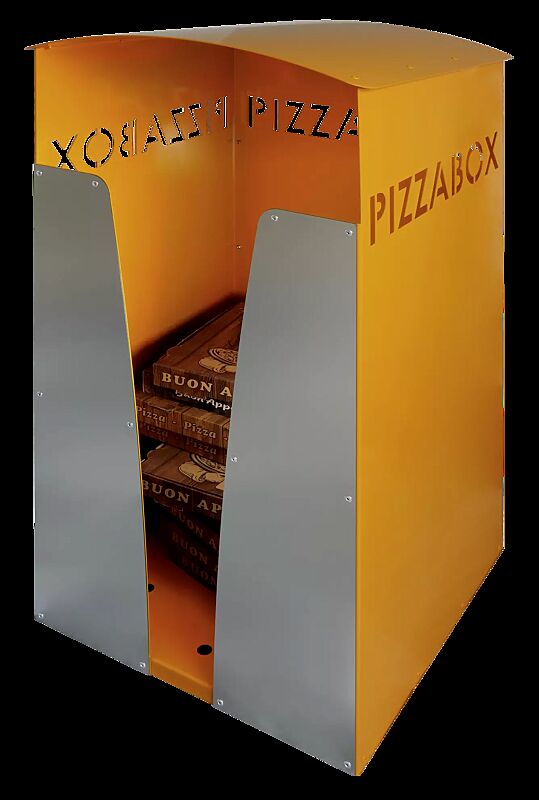 Pizzabox-Abfallbehälter SEATON, Dekorblende Edelstahl, Stahlteile in RAL 2000 gelborange