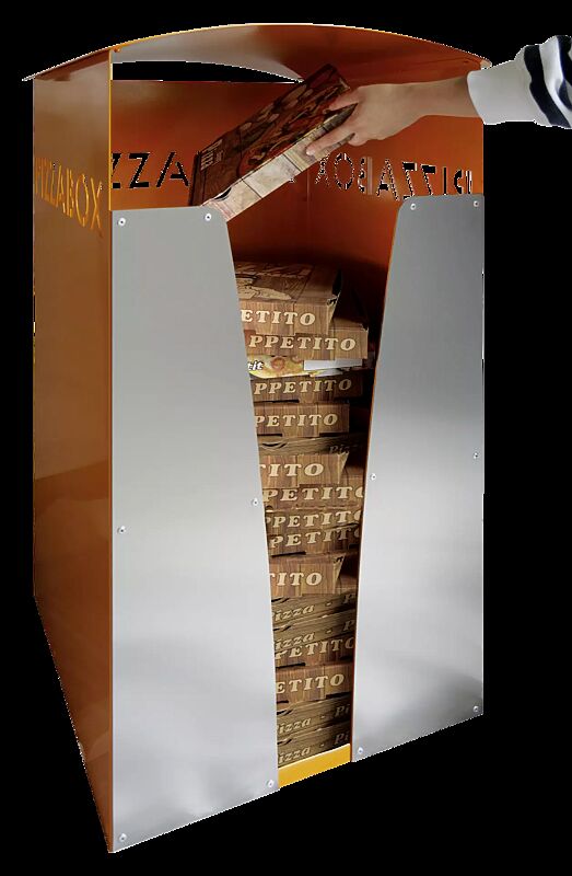 Pizzabox-Abfallbehälter SEATON, Dekorblende Edelstahl, Stahlteile in RAL 2000 gelborange